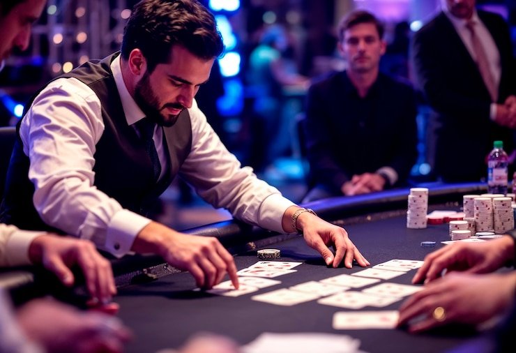 Studio live dealer lonte jitu dengan meja baccarat, dealer profesional, dan multi-kamera berkualitas HD